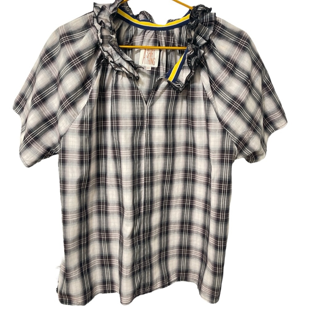 A SHIRT THING MARGOT PLAID  SHORT Sleeve Ruffle Top EUC! $325 M/L